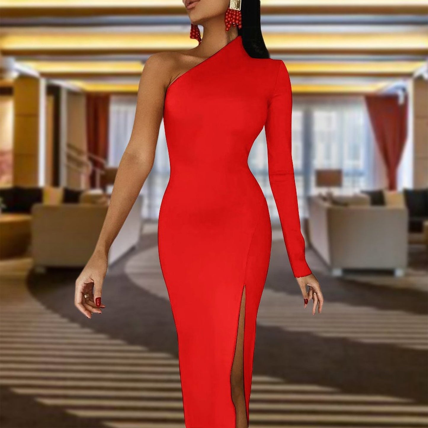 Red Half sleeve split dress One-Shoulder Slit Maxi Dress