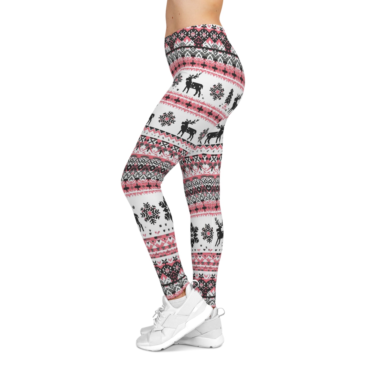 Pink Nordic Reindeer Leggings — Festive Winter Holiday Yoga Tights
