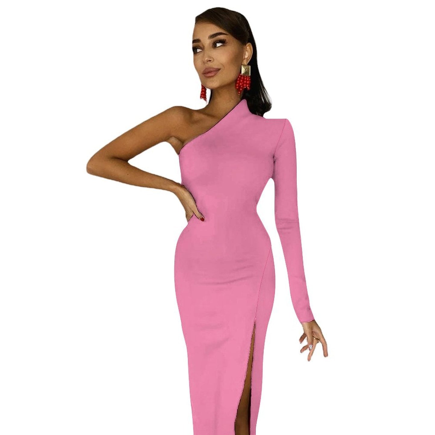 Pink Half sleeve split dress One-Shoulder Slit Maxi Dress