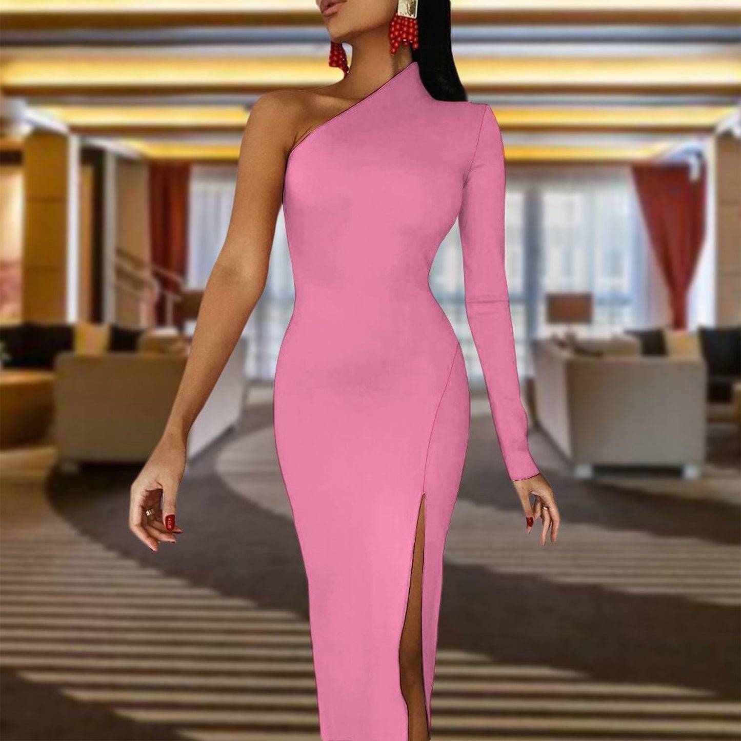 Pink Half sleeve split dress One-Shoulder Slit Maxi Dress