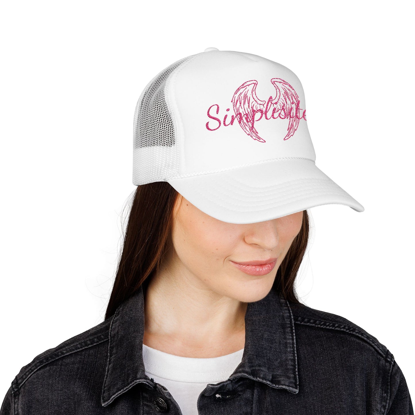Embroidered Foam Trucker Hat — Pink Angel Wings & "Simplestylee" Script