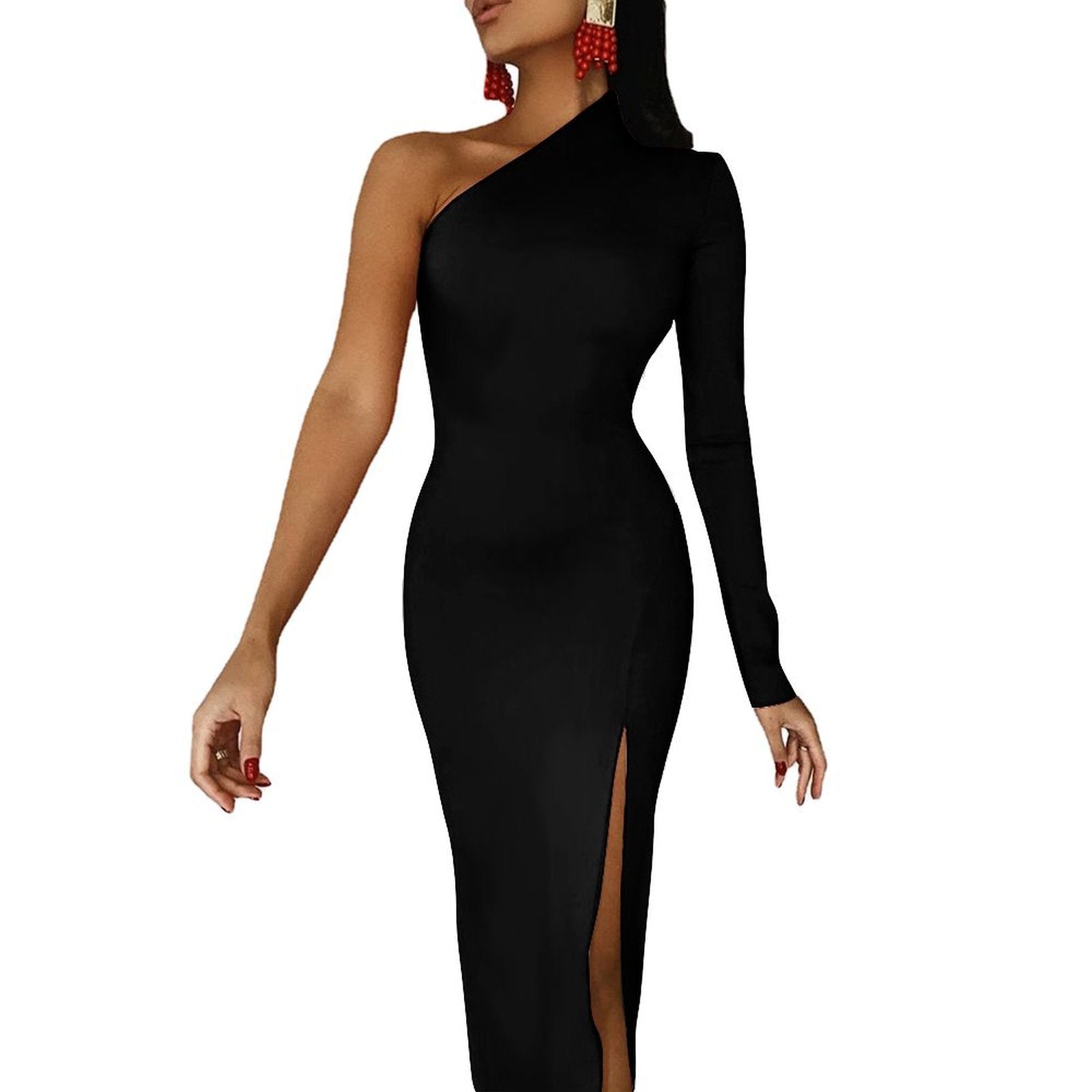 black one shoulder cut out ring slit dress Black Half sleeve split dress One-Shoulder Slit Maxi Dress – Simplisitee