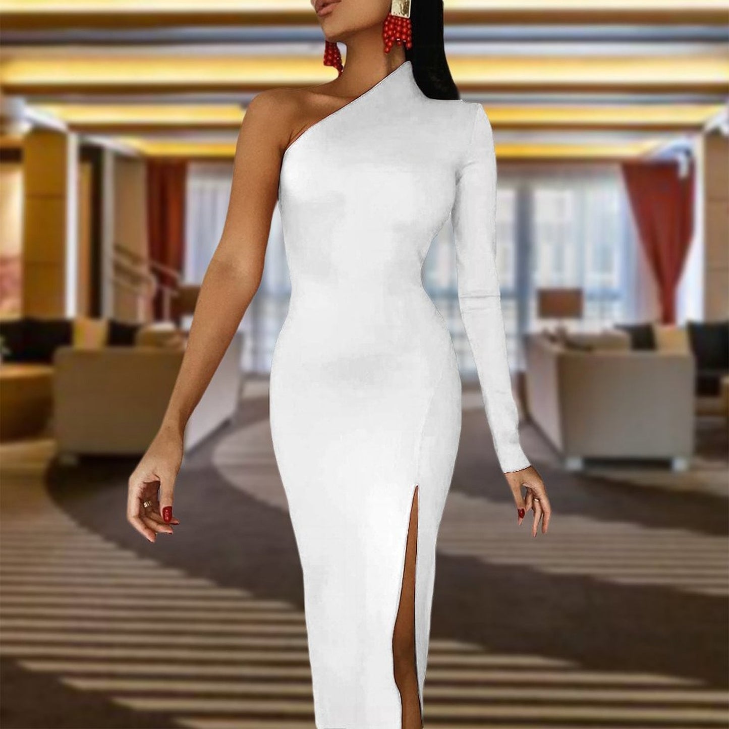 White Half sleeve split dress One-Shoulder Slit Maxi Dress
