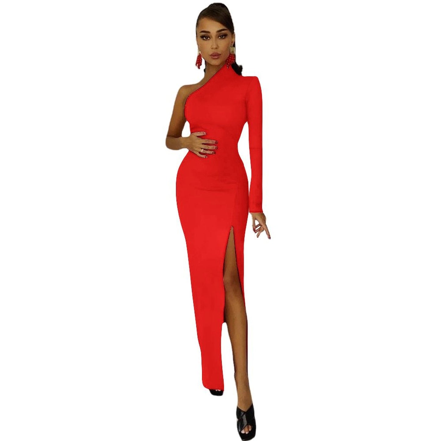 Red Half sleeve split dress One-Shoulder Slit Maxi Dress