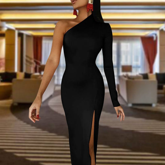 Black Half sleeve split dress One-Shoulder Slit Maxi Dress