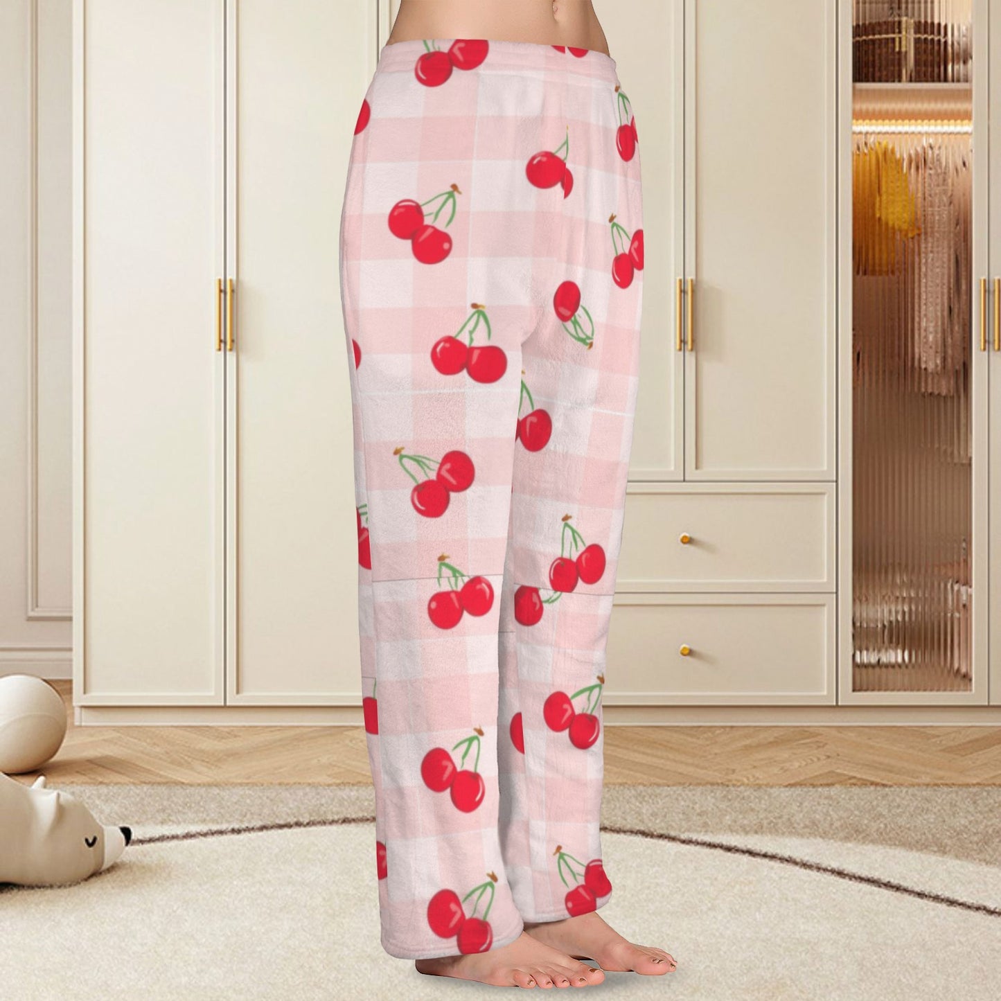 checkered cherry Women's Coral Fleece Pajama Trousers (Model L76)