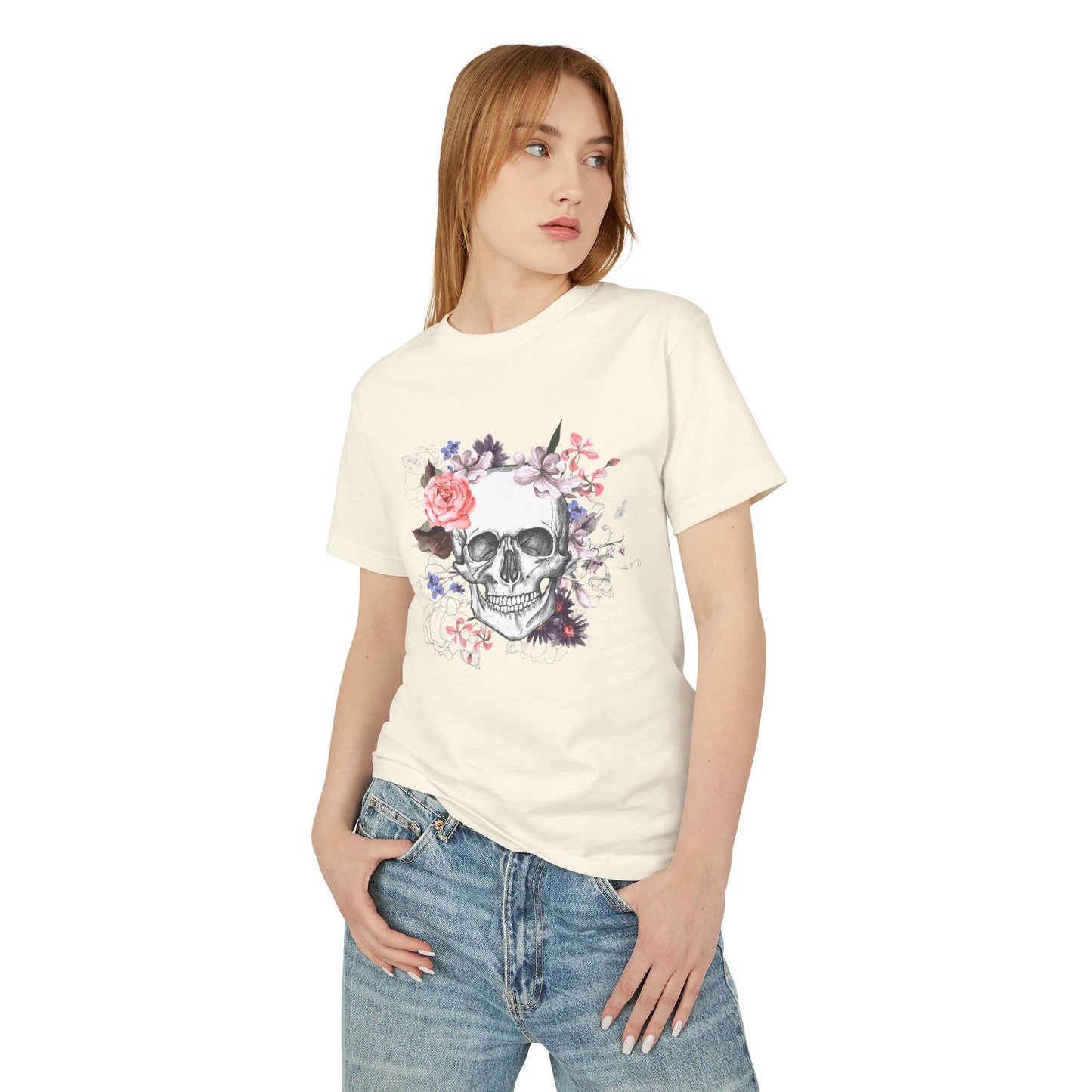 Floral Skull Tee - Unisex Heavyweight Cotton Tee, Edgy Graphic Shirt, Alternative Fashion, Casual Wear, Gift for Halloween, Birthday Tee