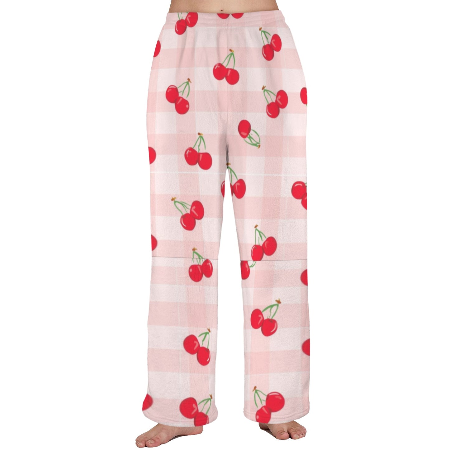 checkered cherry Women's Coral Fleece Pajama Trousers (Model L76)