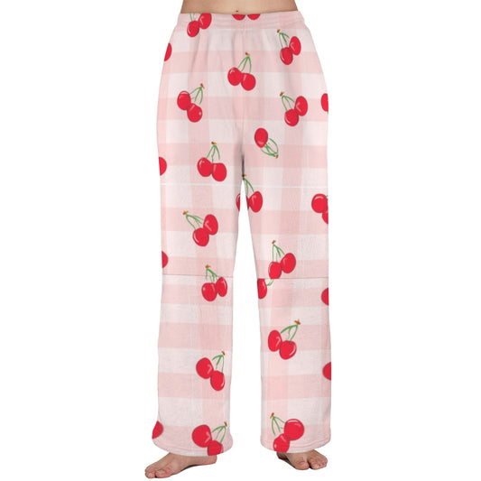 checkered cherry Women's Coral Fleece Pajama Trousers (Model L76)