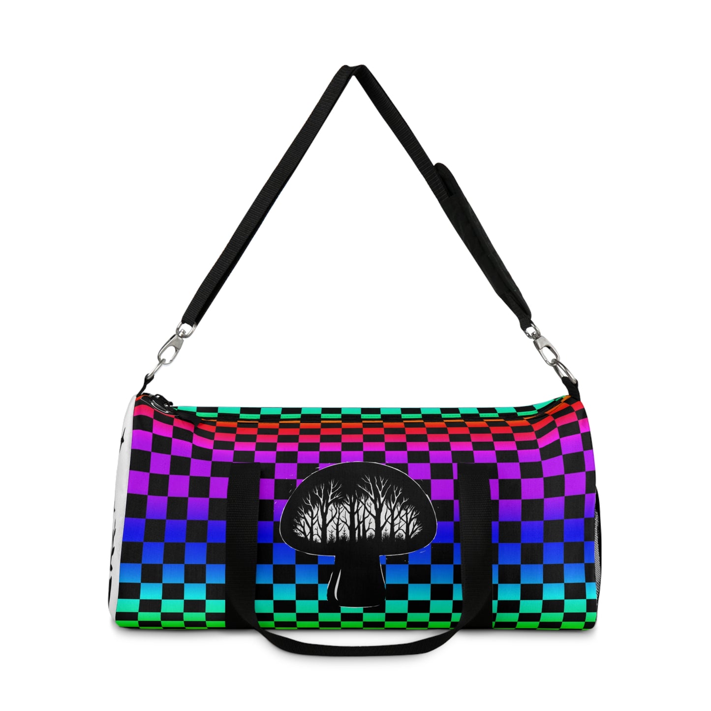 Psychedelic Checkerboard Mushroom Duffel Bag — Rainbow Skateboard Travel Gym Bag