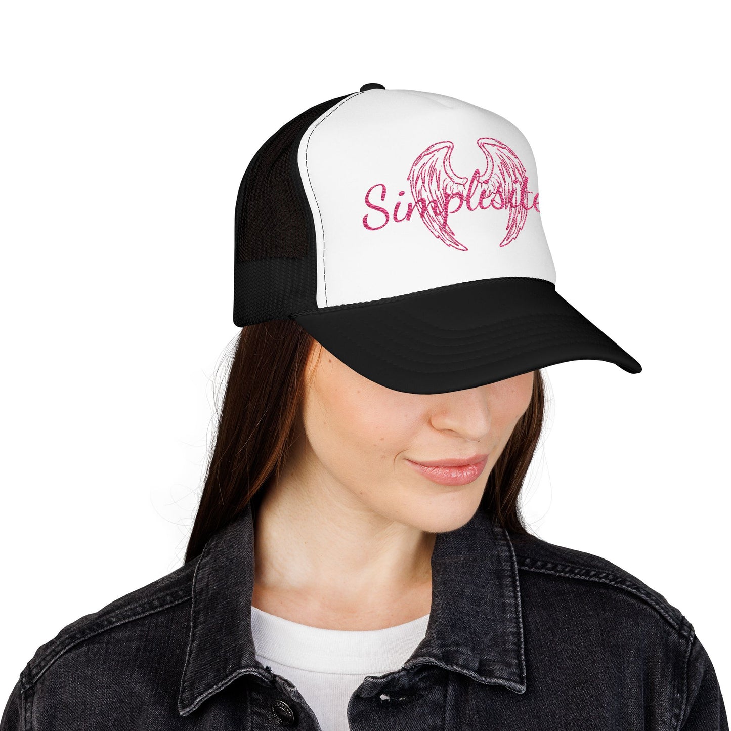 Embroidered Foam Trucker Hat — Pink Angel Wings & "Simplestylee" Script