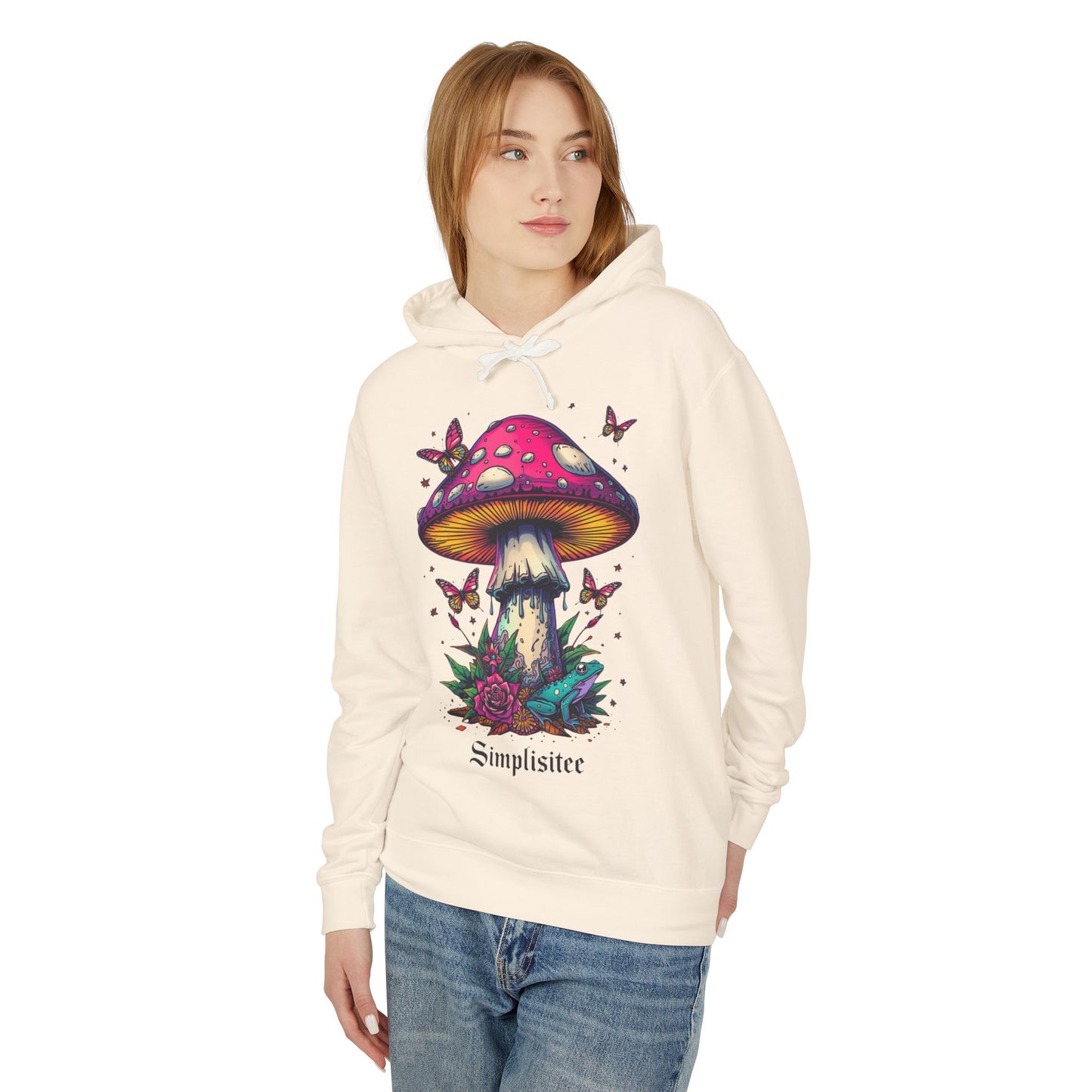 Simplisitee -Mushroom & Butterfly Hoodie - Nature-Inspired Unisex Lightweight Sweatshirt