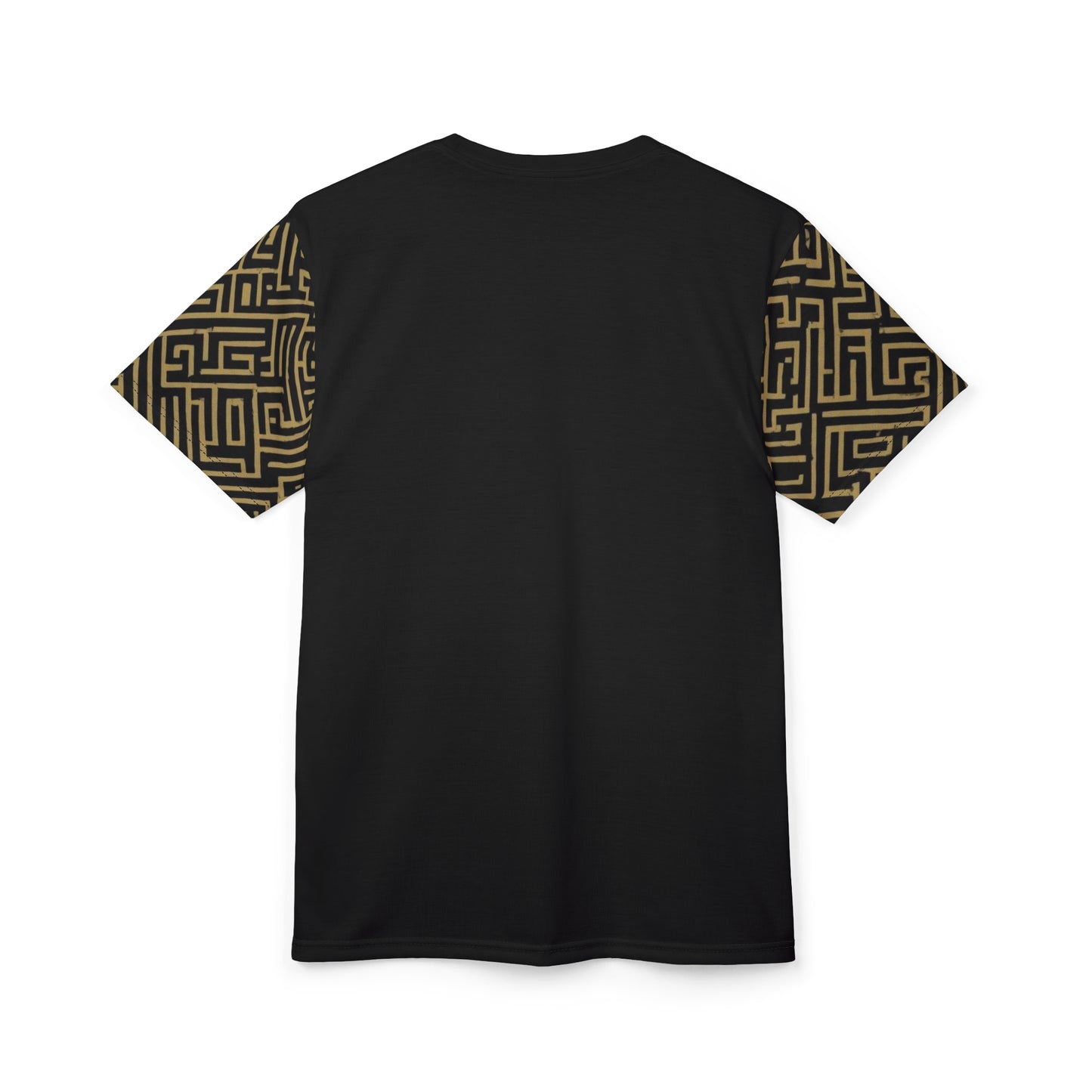 Geometric Maze Graphic Tee — Gold & Black All-Over Print