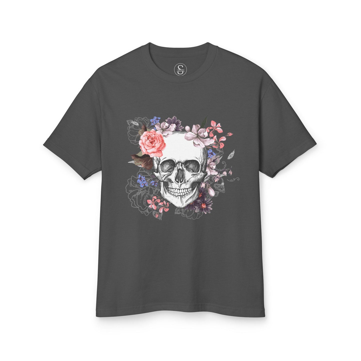 Floral Skull Tee - Unisex Heavyweight Cotton Tee, Edgy Graphic Shirt, Alternative Fashion, Casual Wear, Gift for Halloween, Birthday Tee
