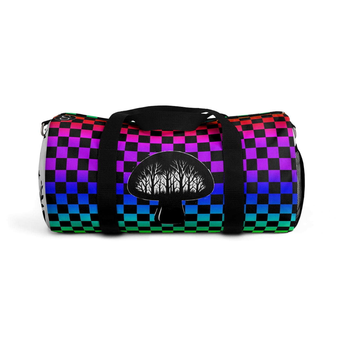 Psychedelic Checkerboard Mushroom Duffel Bag — Rainbow Skateboard Travel Gym Bag