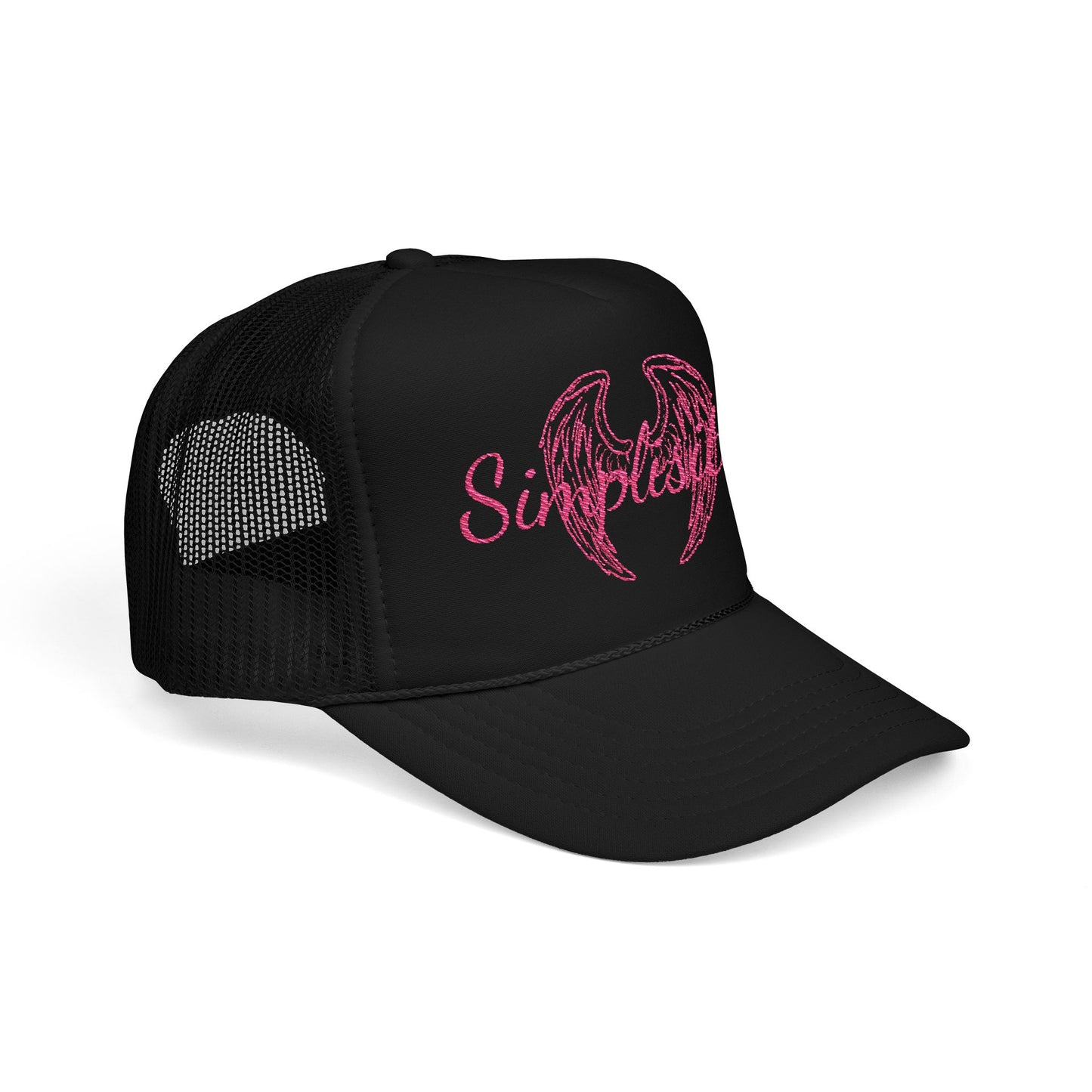 Embroidered Foam Trucker Hat — Pink Angel Wings & "Simplestylee" Script