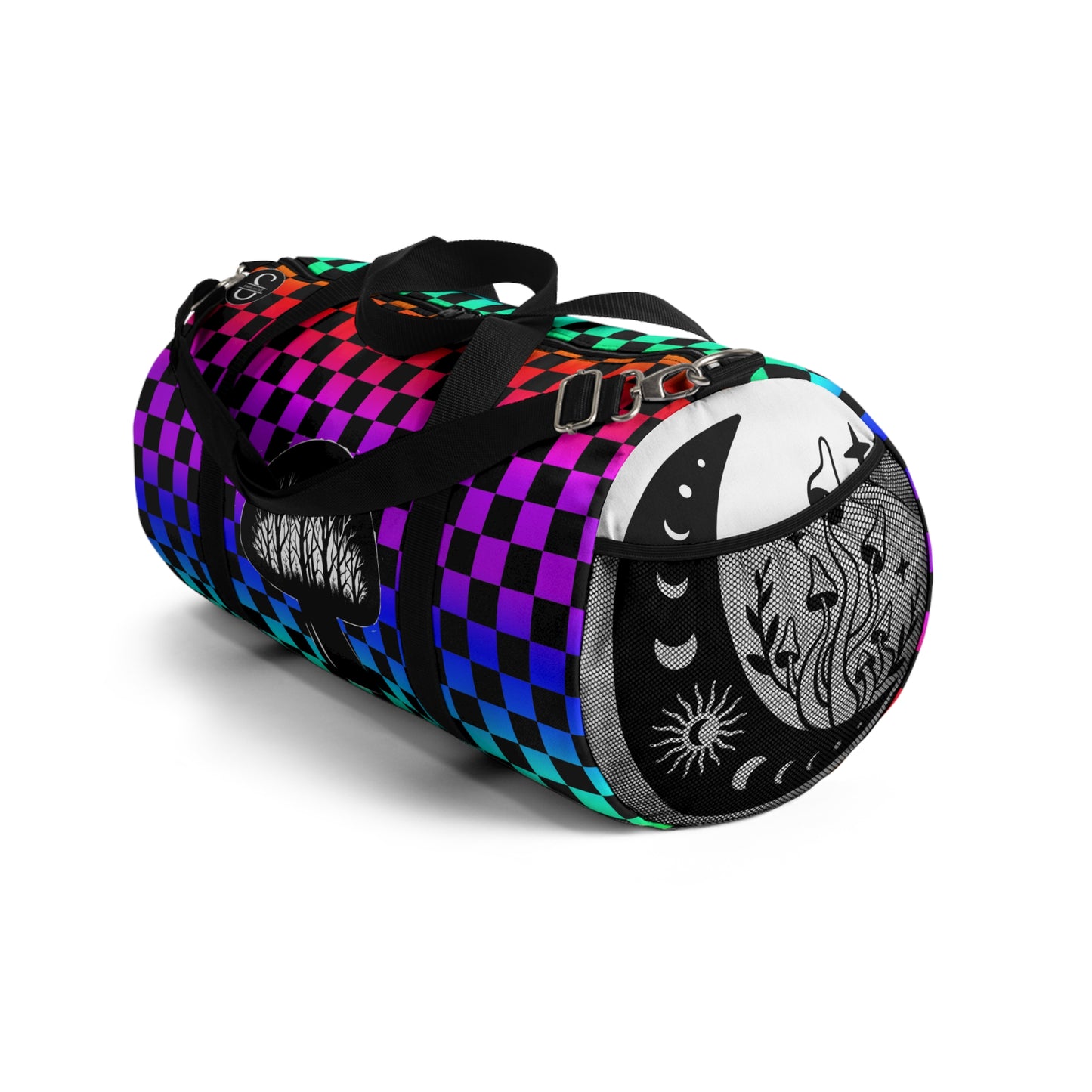 Psychedelic Checkerboard Mushroom Duffel Bag — Rainbow Skateboard Travel Gym Bag