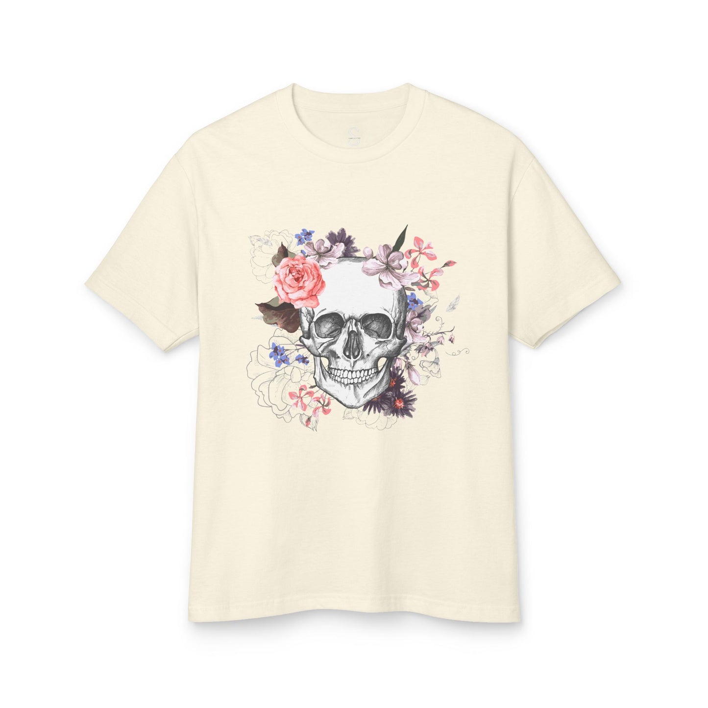 Floral Skull Tee - Unisex Heavyweight Cotton Tee, Edgy Graphic Shirt, Alternative Fashion, Casual Wear, Gift for Halloween, Birthday Tee