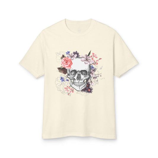 Floral Skull Tee - Unisex Heavyweight Cotton Tee, Edgy Graphic Shirt, Alternative Fashion, Casual Wear, Gift for Halloween, Birthday Tee
