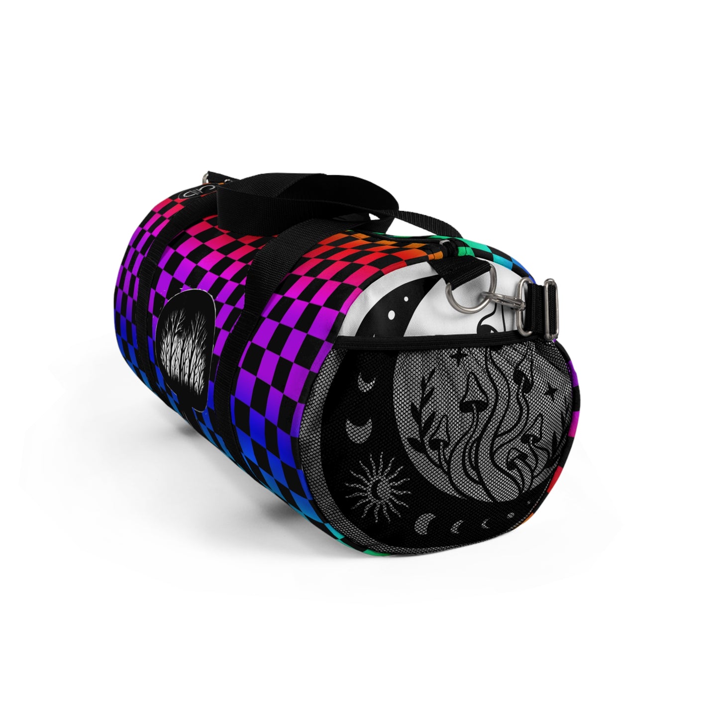 Psychedelic Checkerboard Mushroom Duffel Bag — Rainbow Skateboard Travel Gym Bag