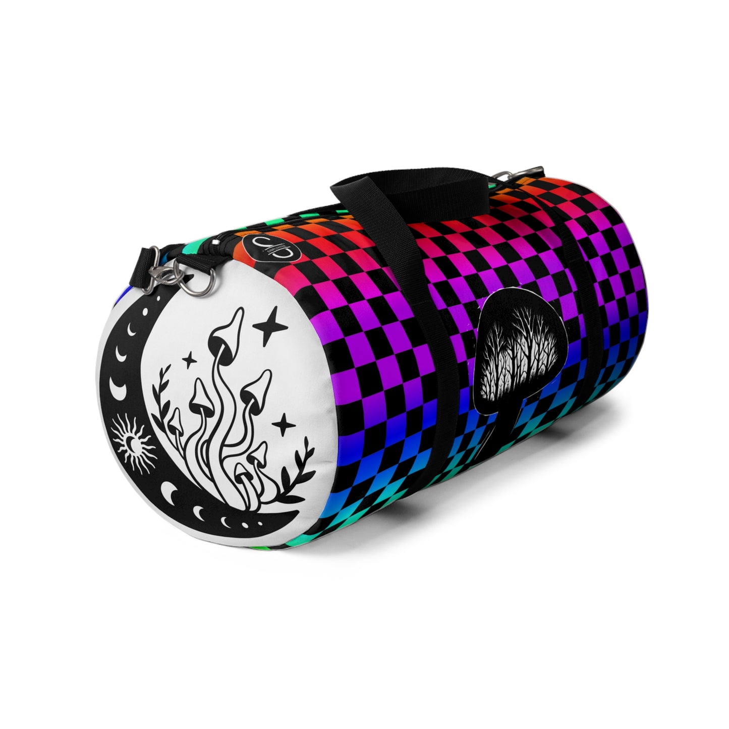 Psychedelic Checkerboard Mushroom Duffel Bag — Rainbow Skateboard Travel Gym Bag