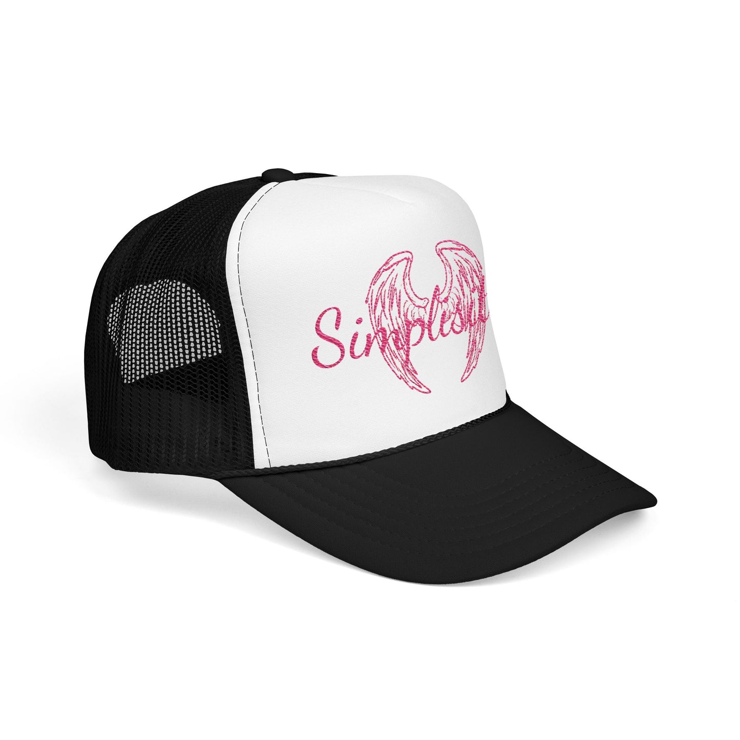 Embroidered Foam Trucker Hat — Pink Angel Wings & "Simplestylee" Script