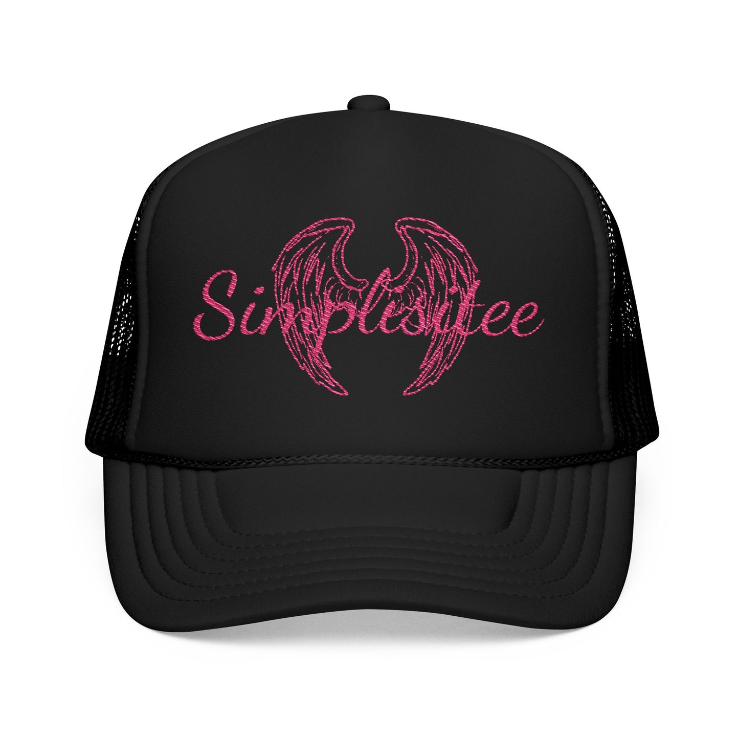 Embroidered Foam Trucker Hat — Pink Angel Wings & "Simplestylee" Script