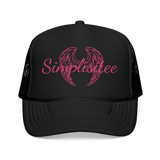Embroidered Foam Trucker Hat — Pink Angel Wings & "Simplestylee" Script