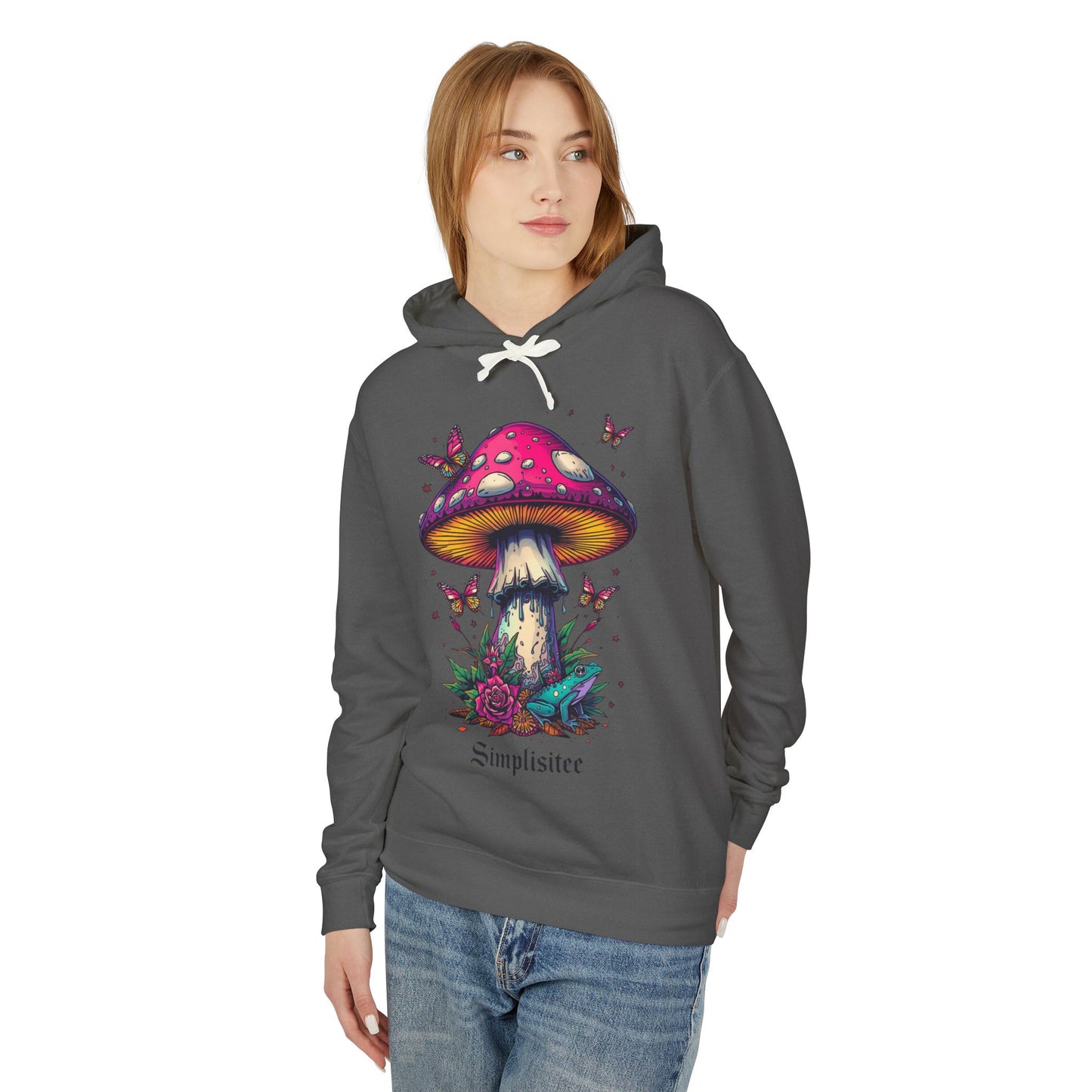 Simplisitee -Mushroom & Butterfly Hoodie - Nature-Inspired Unisex Lightweight Sweatshirt