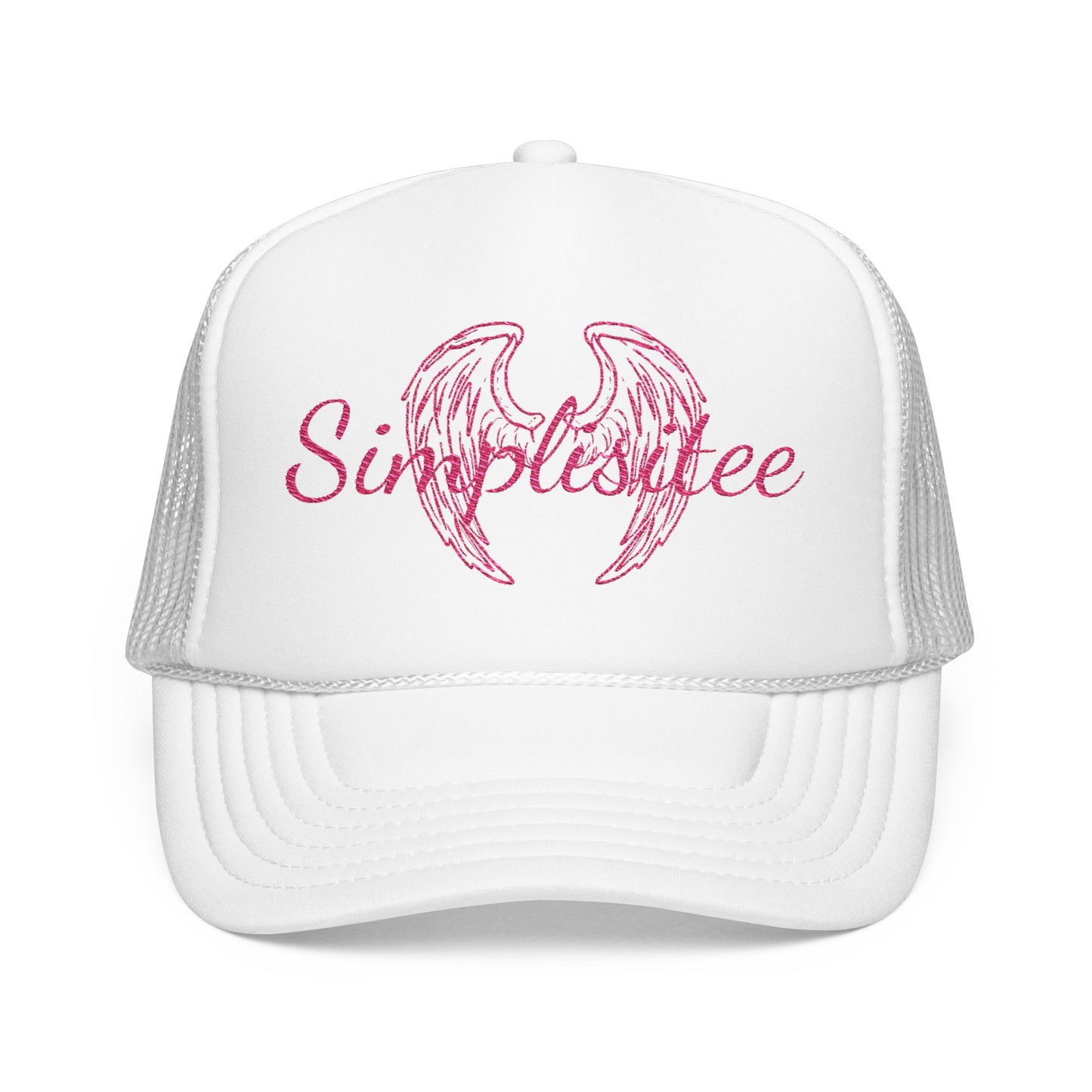 Embroidered Foam Trucker Hat — Pink Angel Wings & "Simplestylee" Script
