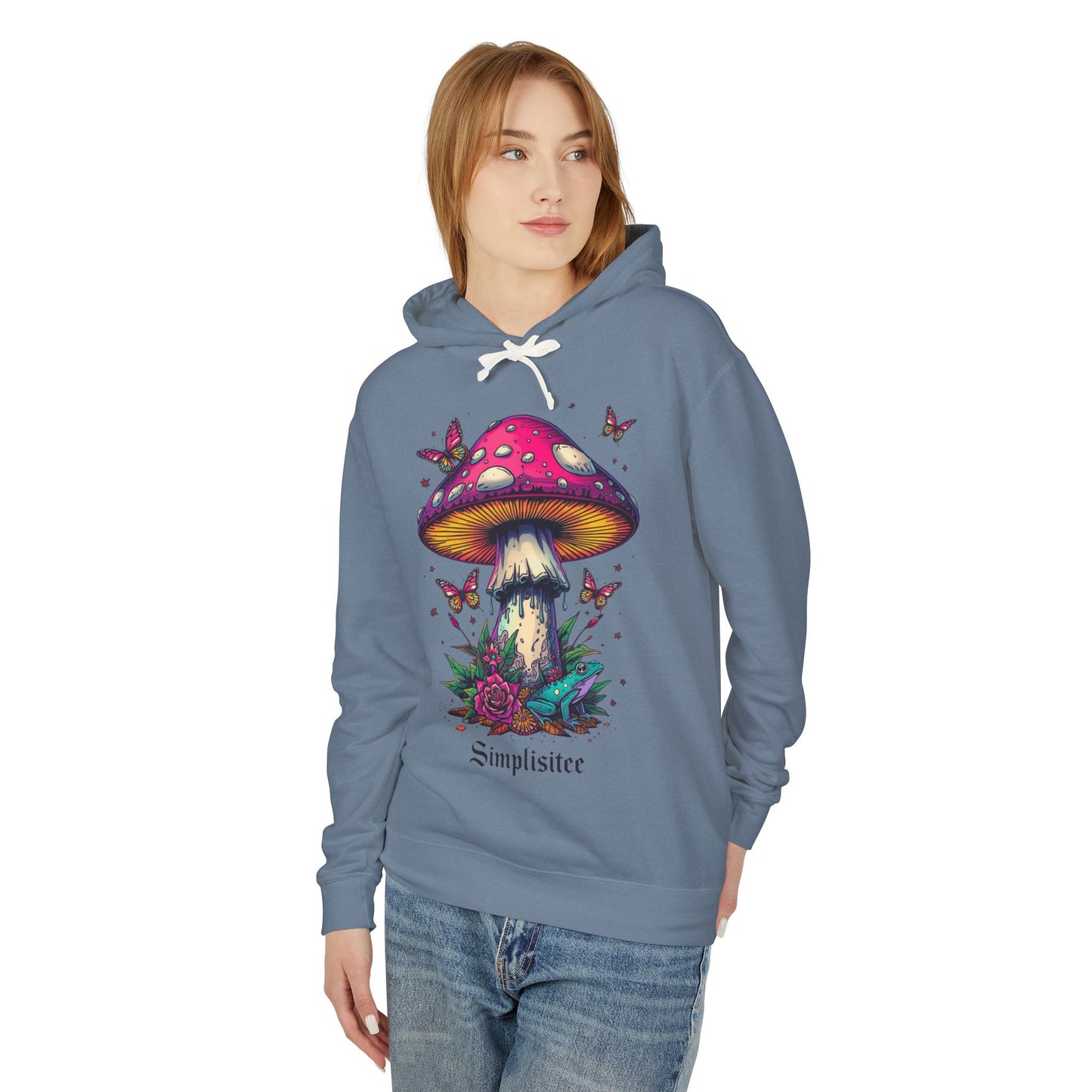 Simplisitee -Mushroom & Butterfly Hoodie - Nature-Inspired Unisex Lightweight Sweatshirt