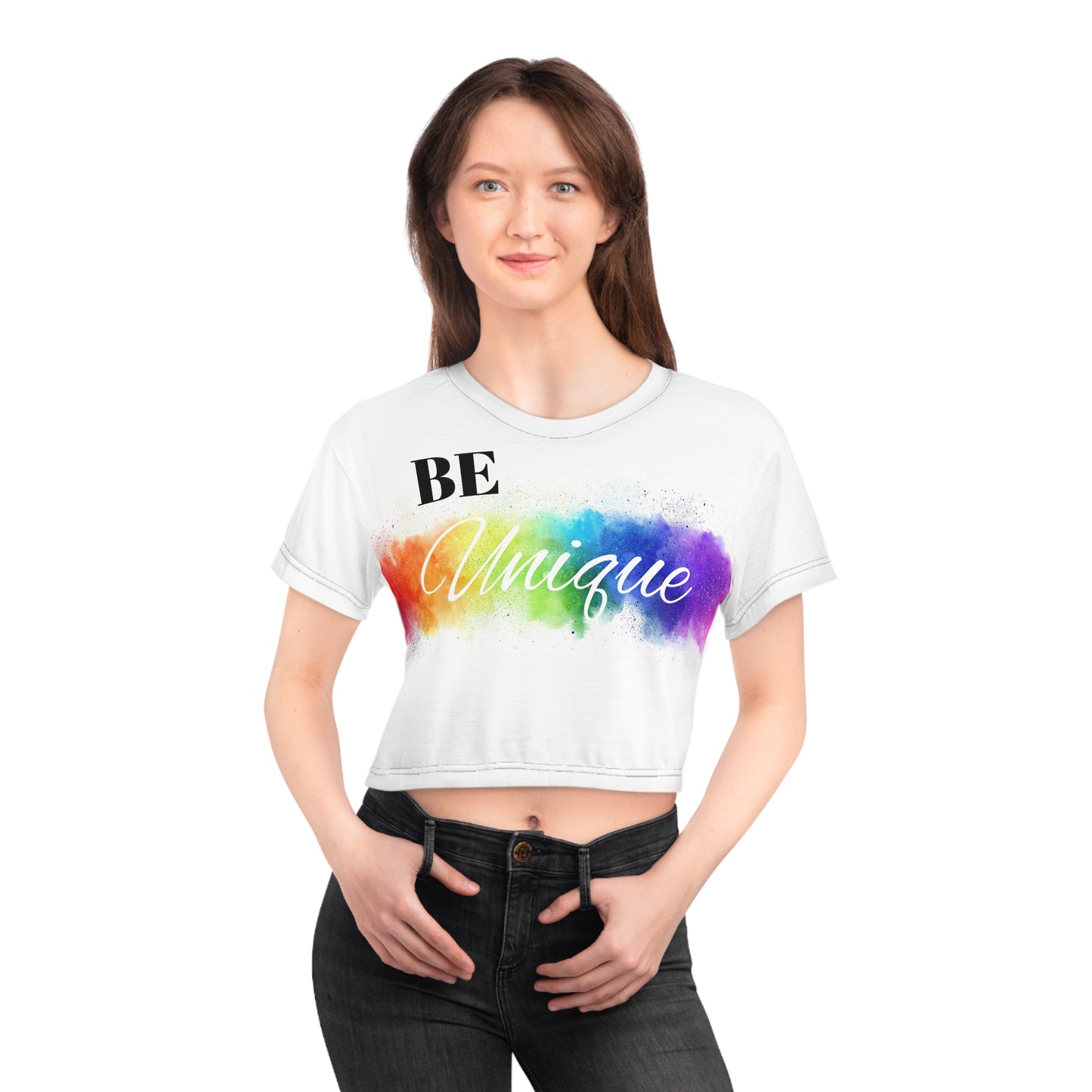 Simplisitee - Be Unique Crop Tee - Colorful Rainbow AOP Top, LGBTQ+ Pride Shirt, Festival Fashion, Summer Vibes, Gift for Her