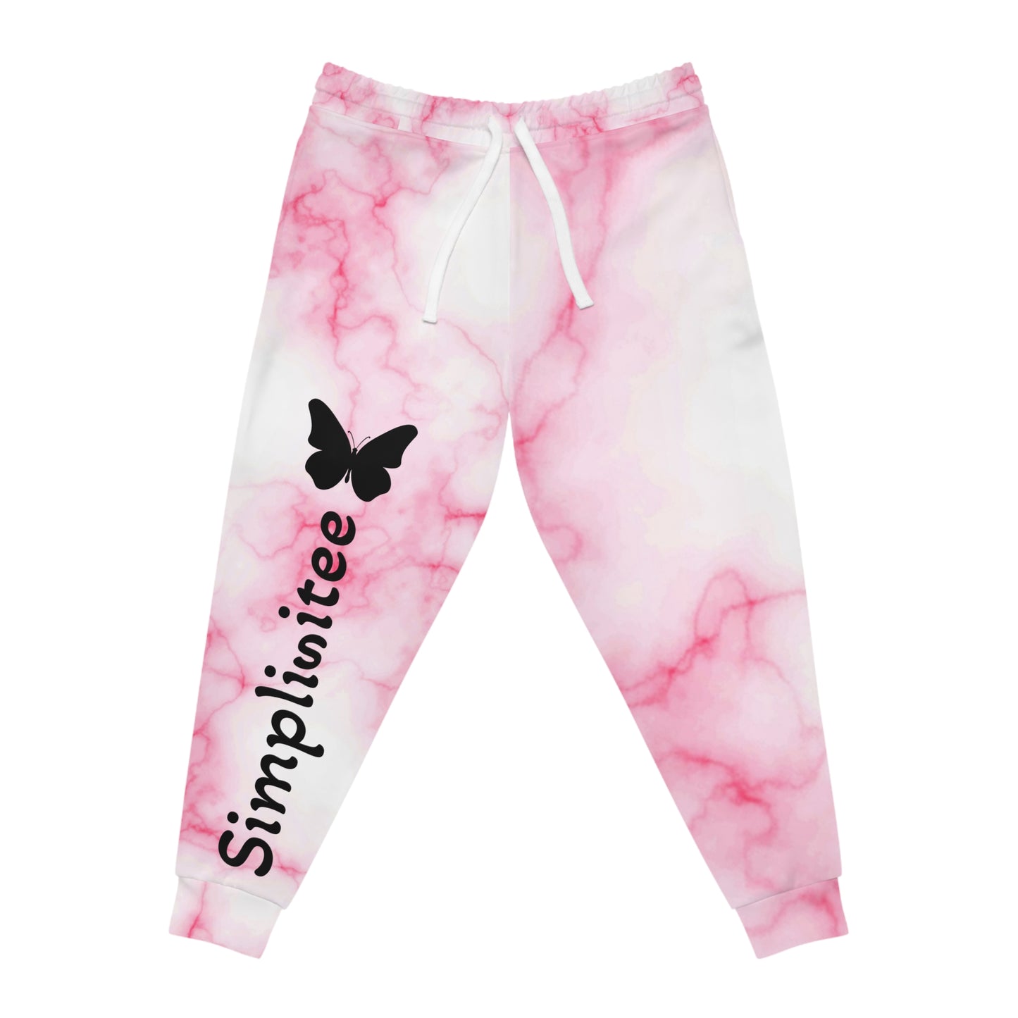 Simplisitee -Chic Marble Pink Joggers, Trendy Activewear, Comfort Fit Pants, Lounge Wear, Butterfly Print Fashion
