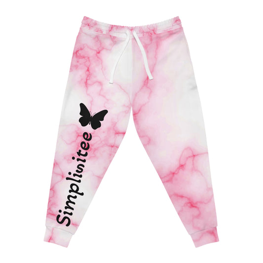 Simplisitee -Chic Marble Pink Joggers, Trendy Activewear, Comfort Fit Pants, Lounge Wear, Butterfly Print Fashion
