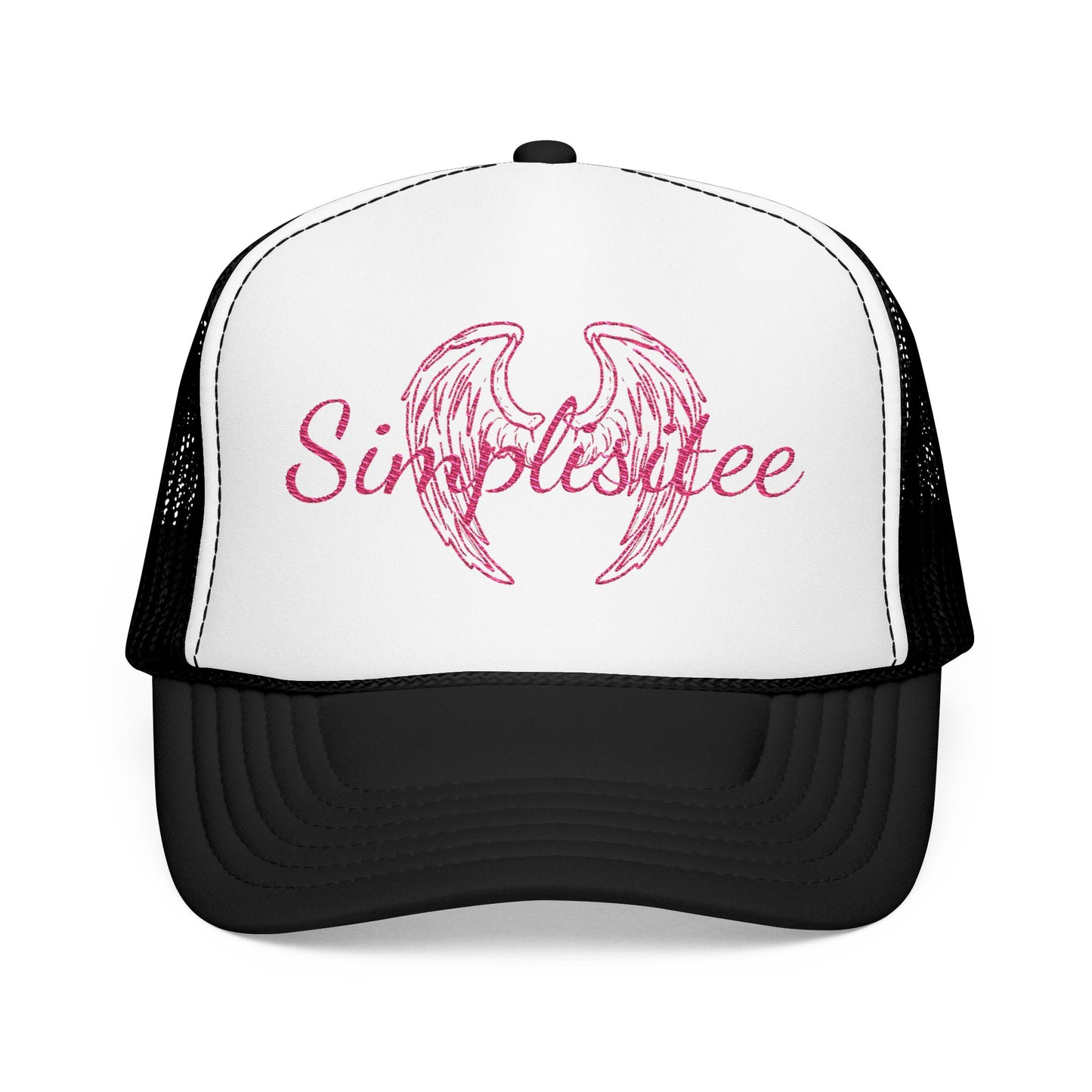 Embroidered Foam Trucker Hat — Pink Angel Wings & "Simplestylee" Script