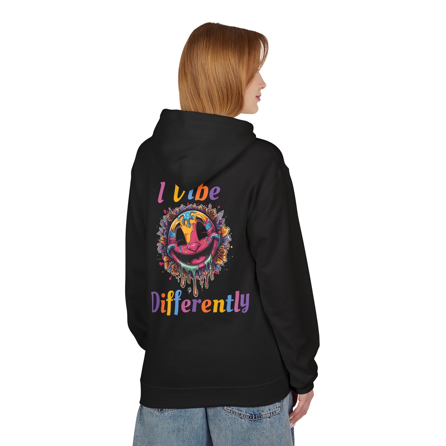 I Vibe Differently Hoodie — Colorful Psychedelic Smiley Graphic Pullover