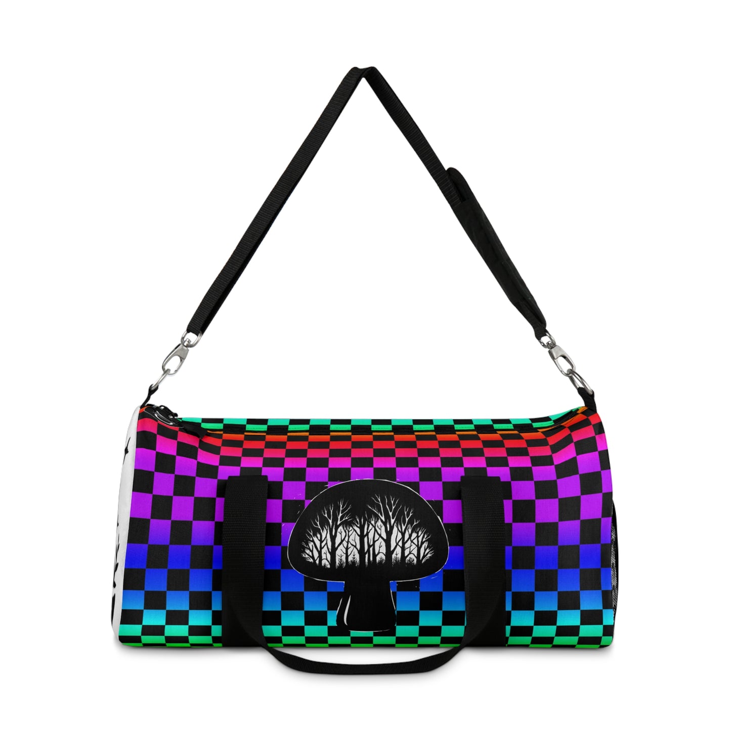 Psychedelic Checkerboard Mushroom Duffel Bag — Rainbow Skateboard Travel Gym Bag