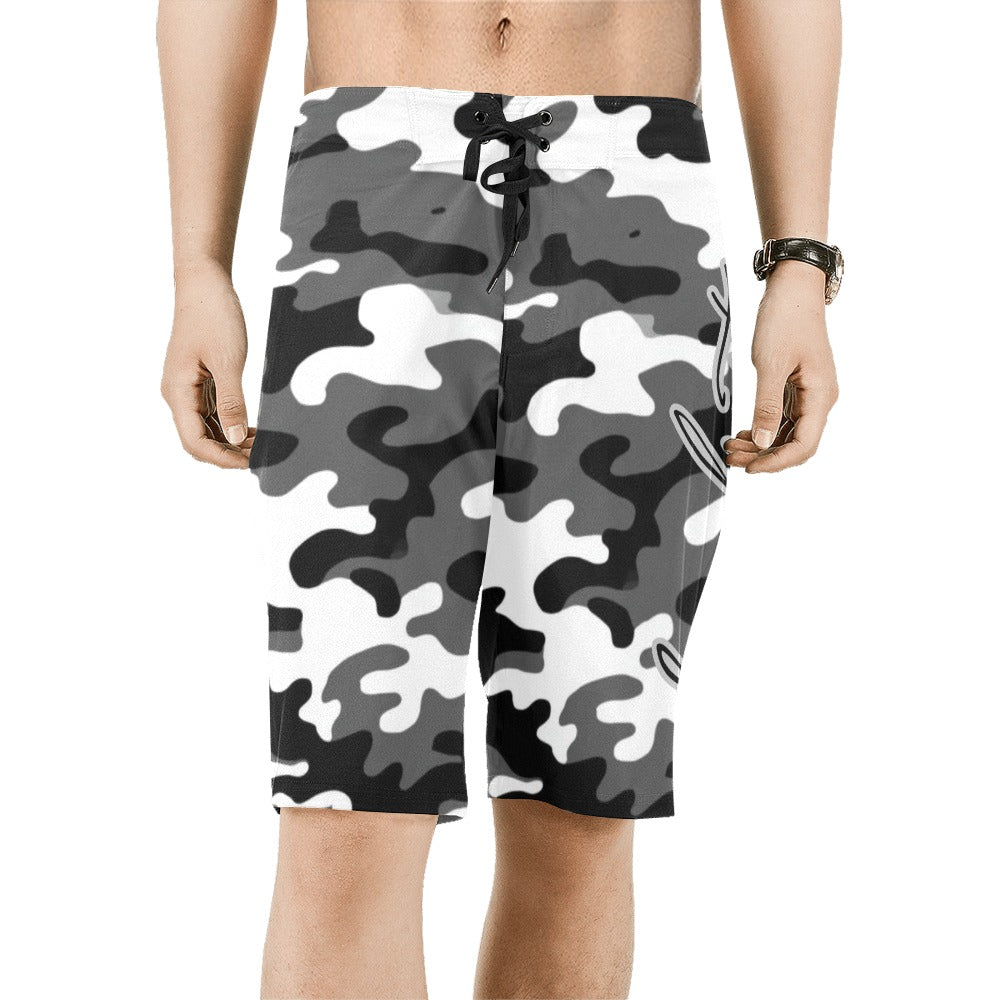 gray white black camo swim shorts Men's