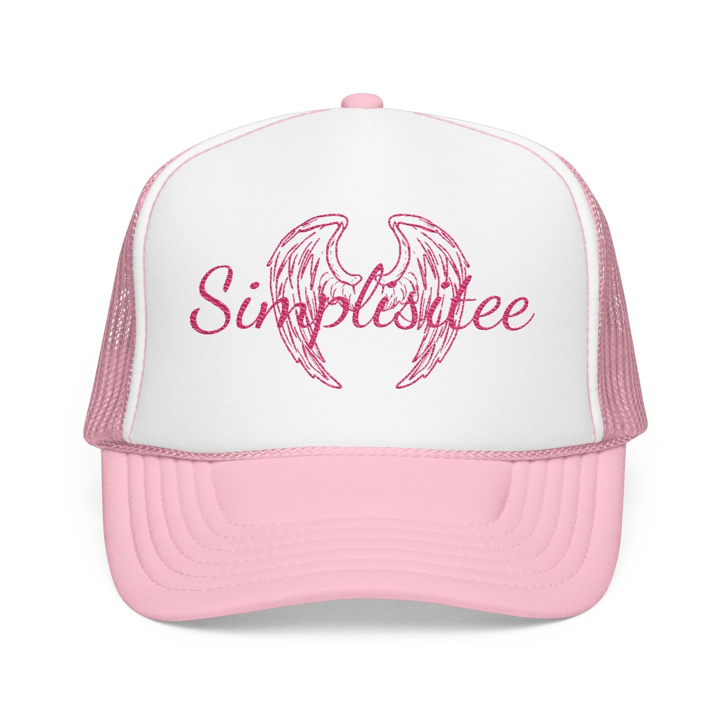 Embroidered Foam Trucker Hat — Pink Angel Wings & "Simplestylee" Script