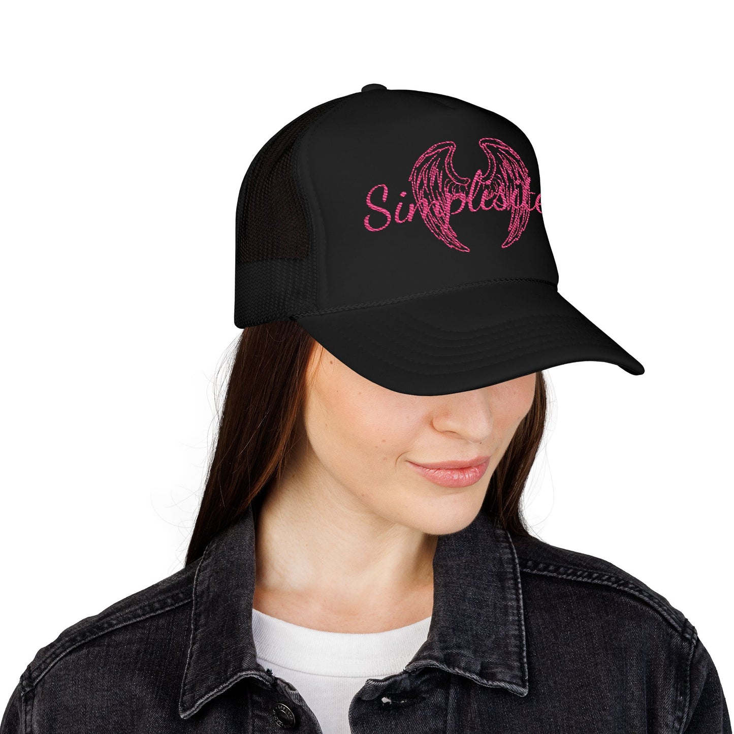 Embroidered Foam Trucker Hat — Pink Angel Wings & "Simplestylee" Script