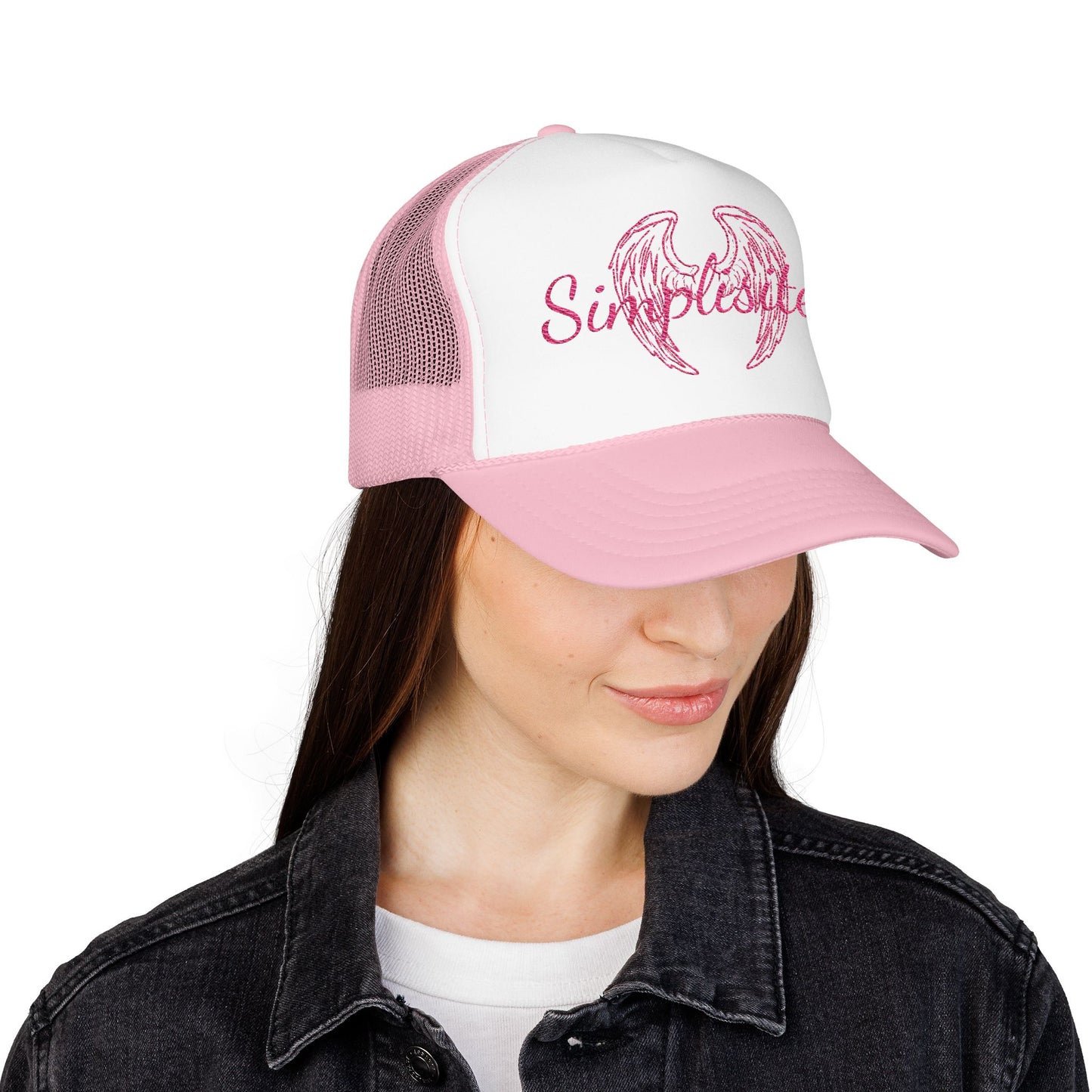 Embroidered Foam Trucker Hat — Pink Angel Wings & "Simplestylee" Script