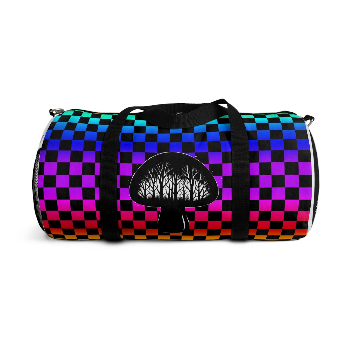 Psychedelic Checkerboard Mushroom Duffel Bag — Rainbow Skateboard Travel Gym Bag
