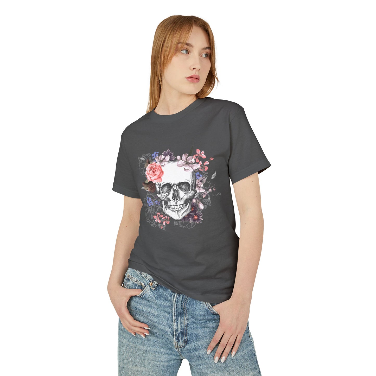 Floral Skull Tee - Unisex Heavyweight Cotton Tee, Edgy Graphic Shirt, Alternative Fashion, Casual Wear, Gift for Halloween, Birthday Tee