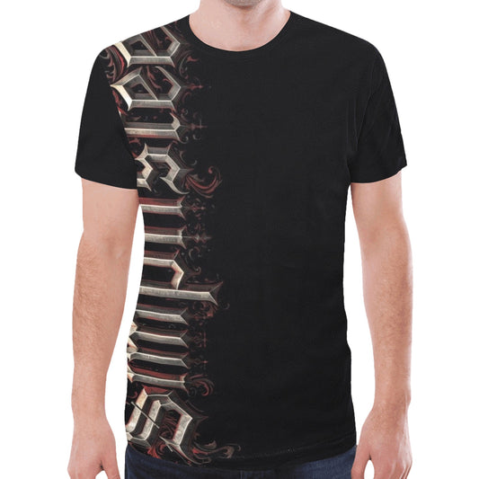 word simplisitee, bold ,shaded ,gothic detail, dramatic , red grey gold New All Over Print T-shirt for Men (Model T45)