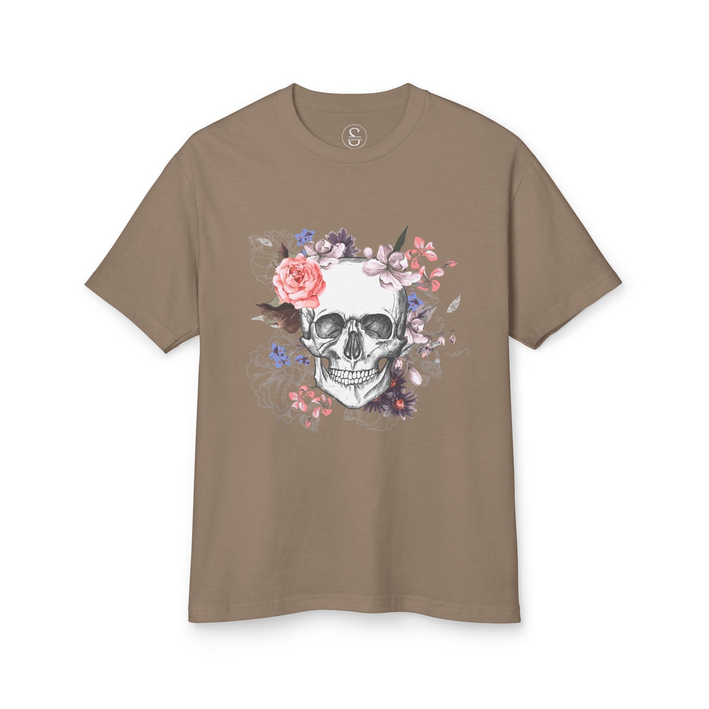 Floral Skull Tee - Unisex Heavyweight Cotton Tee, Edgy Graphic Shirt, Alternative Fashion, Casual Wear, Gift for Halloween, Birthday Tee
