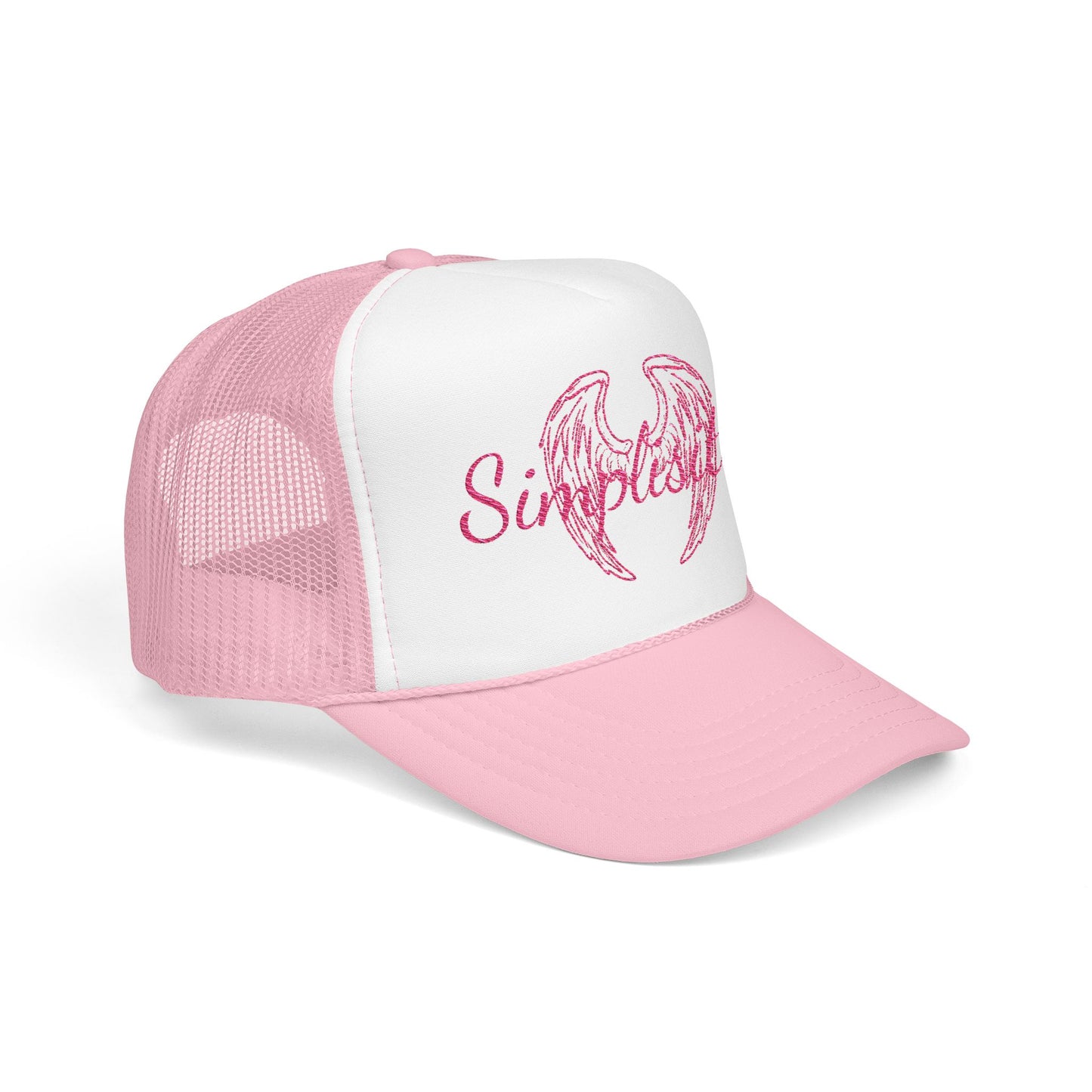 Embroidered Foam Trucker Hat — Pink Angel Wings & "Simplestylee" Script