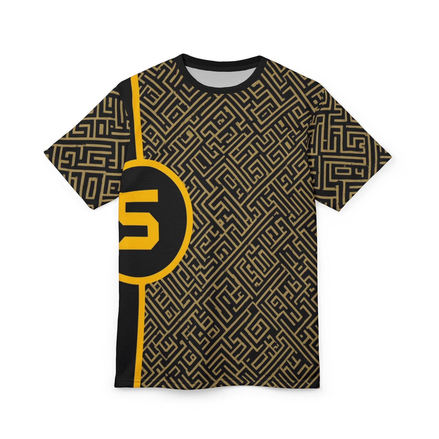 Geometric Maze Graphic Tee — Gold & Black All-Over Print