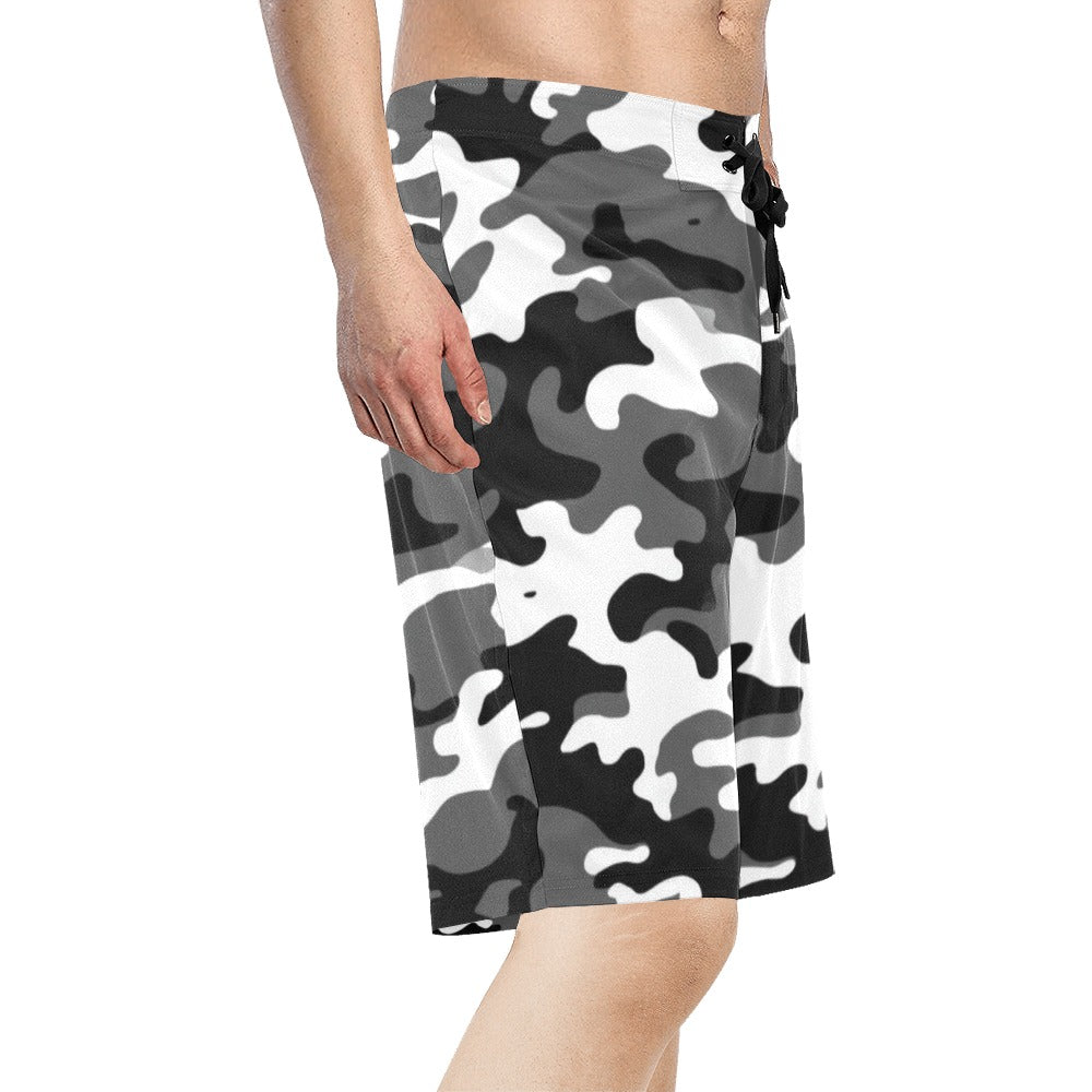 gray white black camo swim shorts Men's