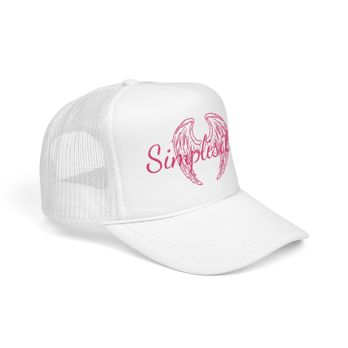 Embroidered Foam Trucker Hat — Pink Angel Wings & "Simplestylee" Script