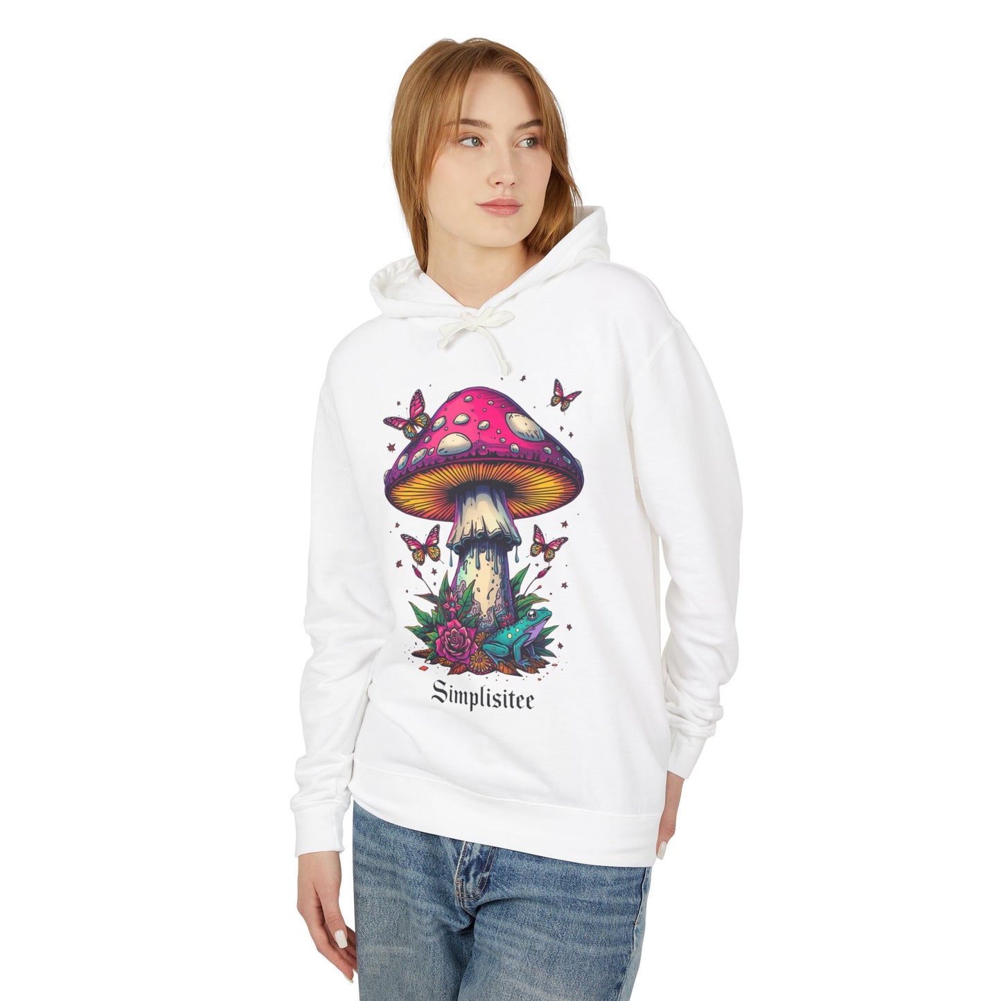 Simplisitee -Mushroom & Butterfly Hoodie - Nature-Inspired Unisex Lightweight Sweatshirt